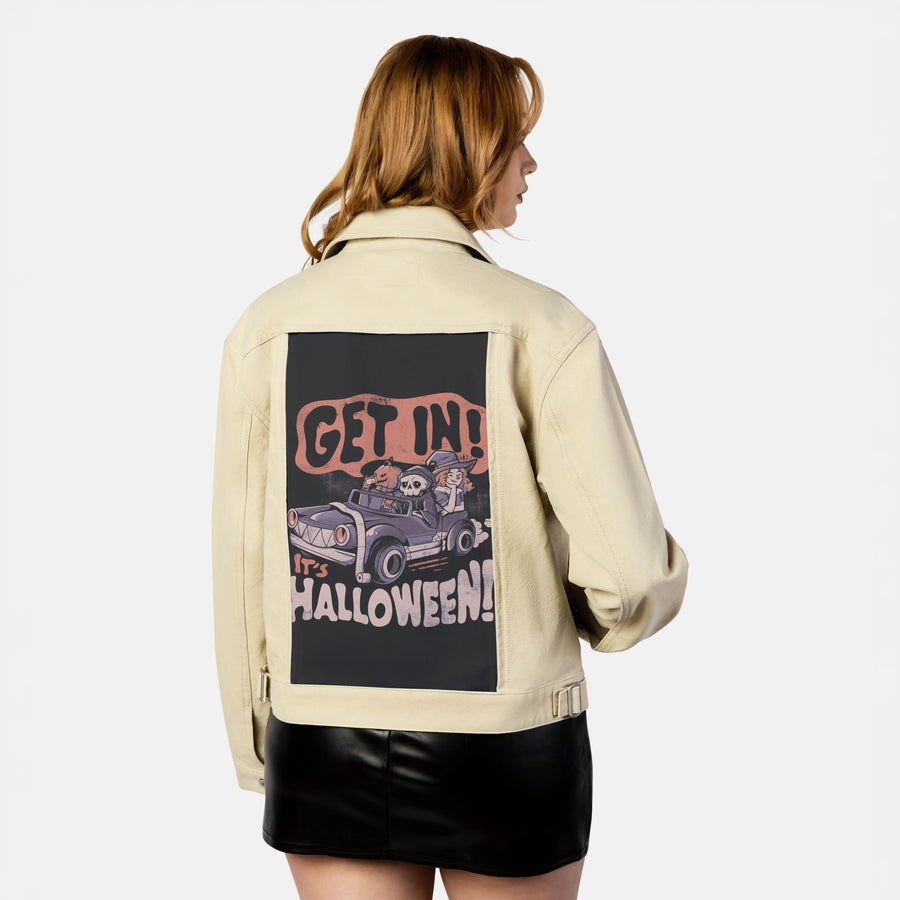 getinitshalloween patch on female atelier canvas jacket in tan