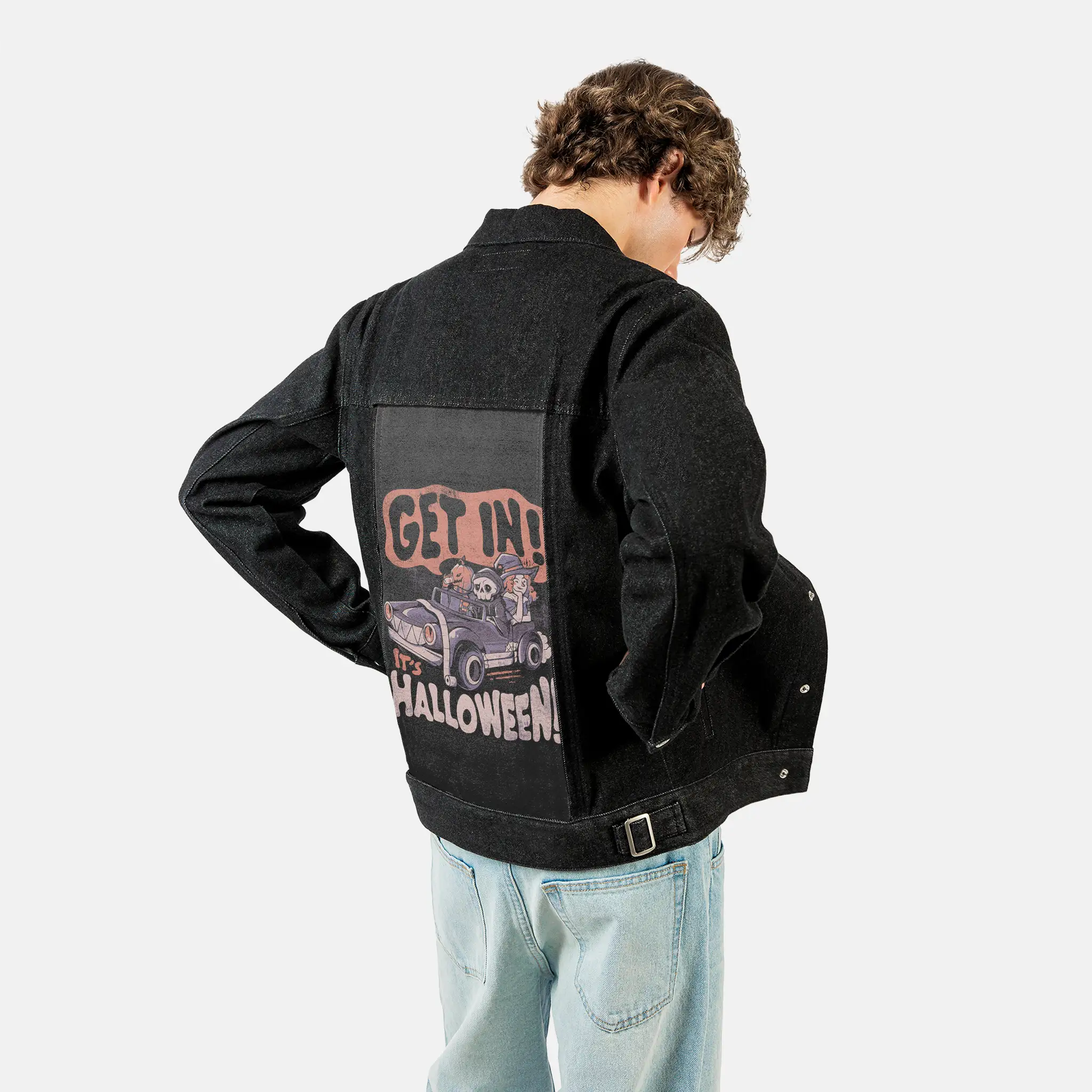 getinitshalloween patch on male og denim jacket in raven