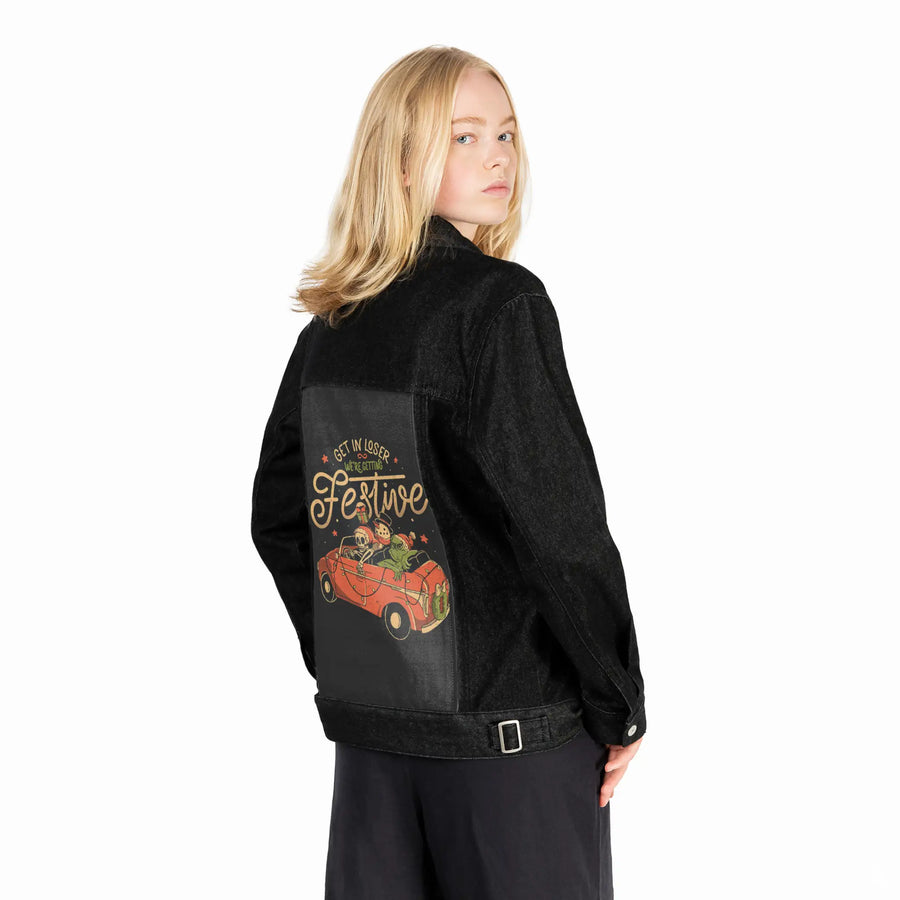 getinloserfestive patch on female og denim jacket in raven