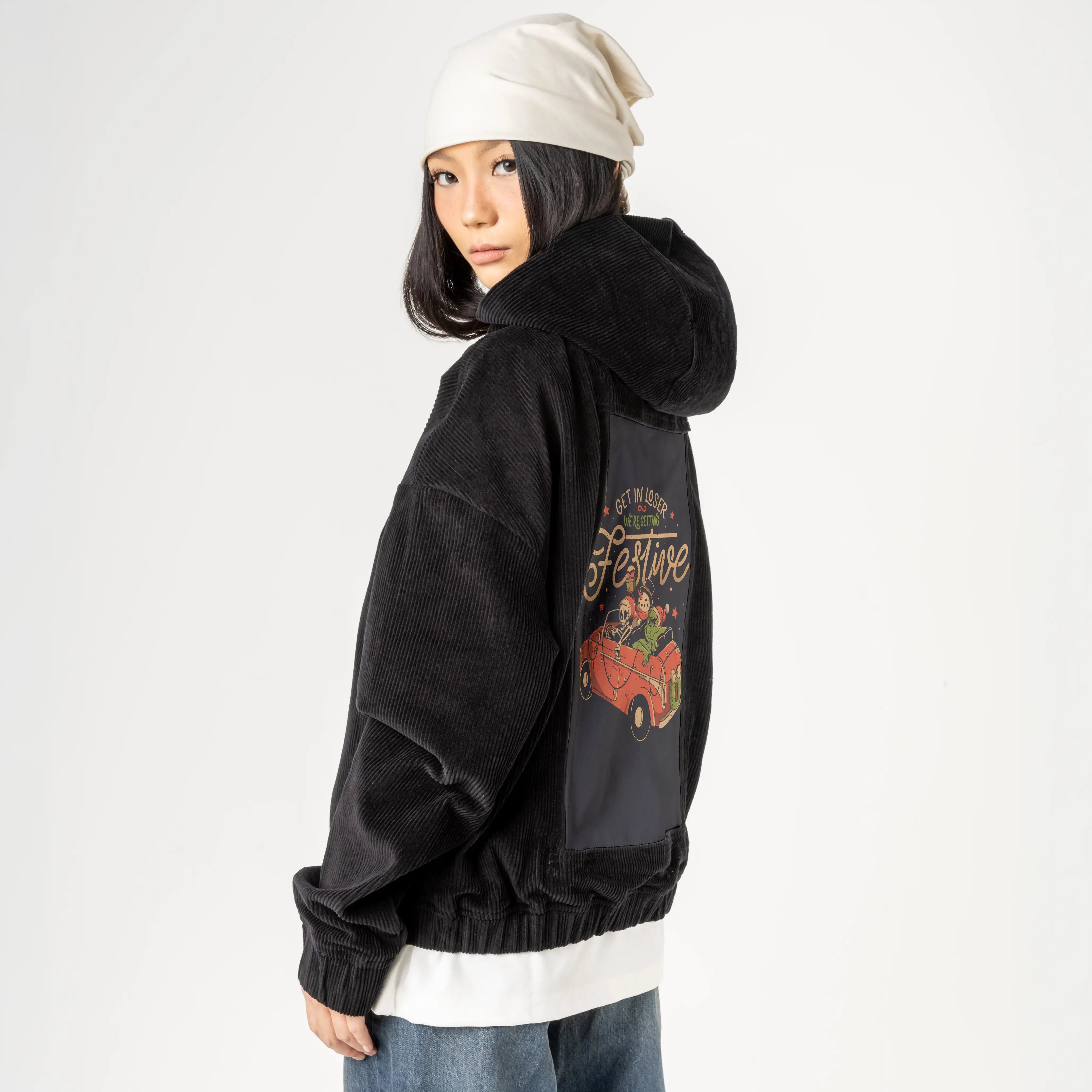 getinloserfestive patch on female retro cord hoodie in onyx