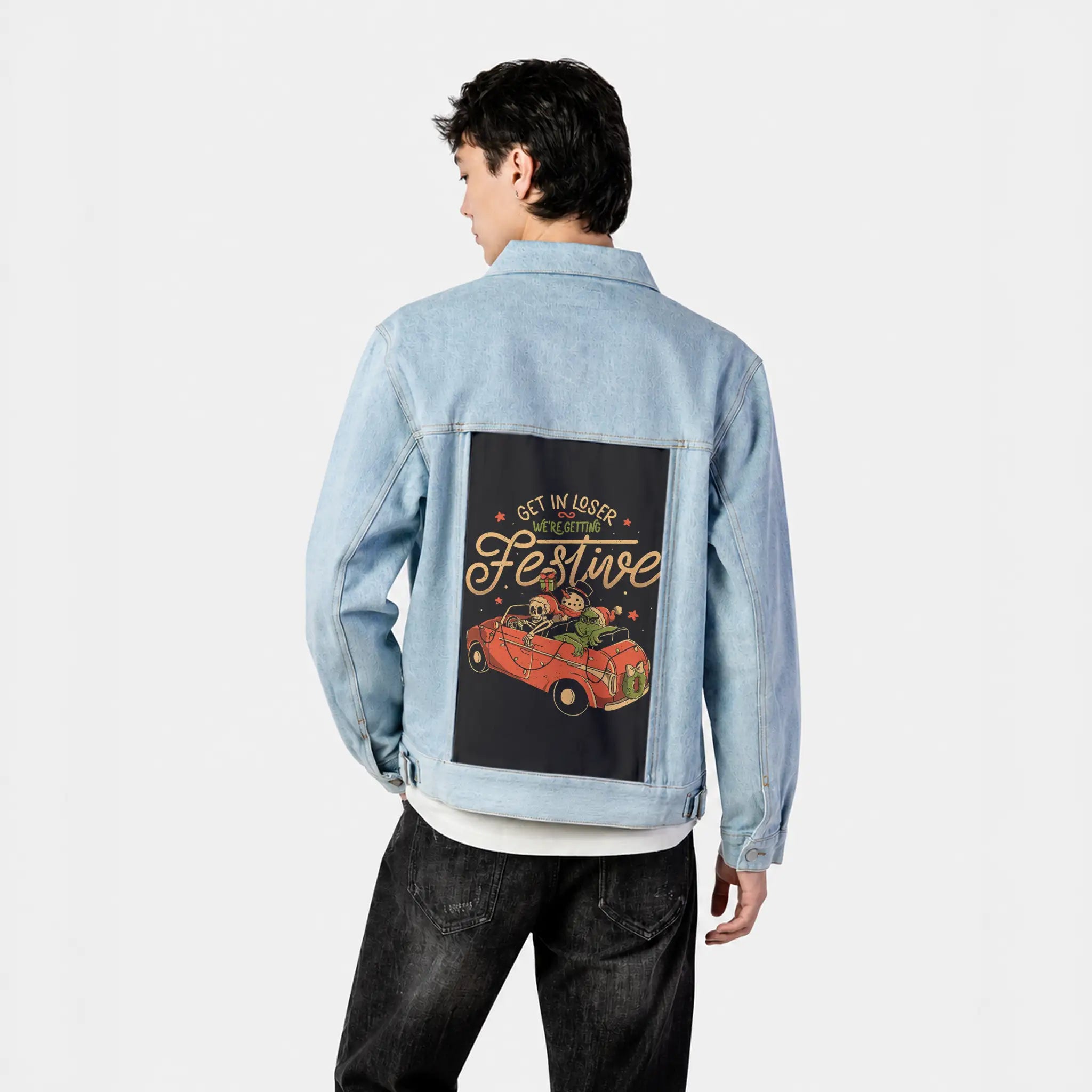 getinloserfestive patch on male og denim jacket in oceanside
