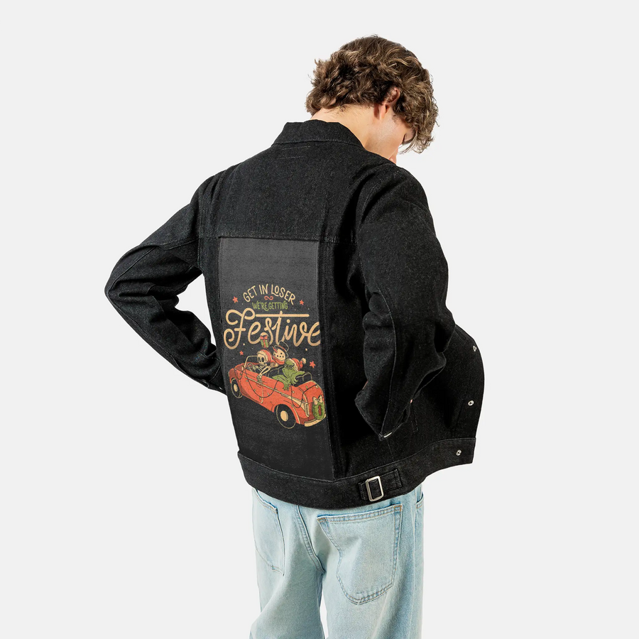 getinloserfestive patch on male og denim jacket in raven