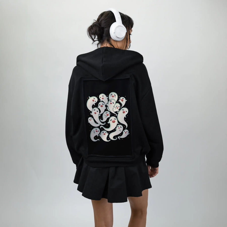 ghostlysquad patch on female essential zip hoodie in after hours