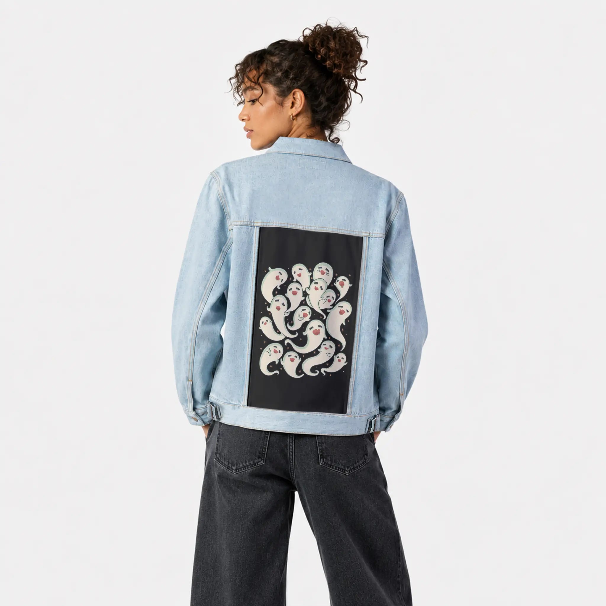 ghostlysquad patch on female og denim jacket in oceanside