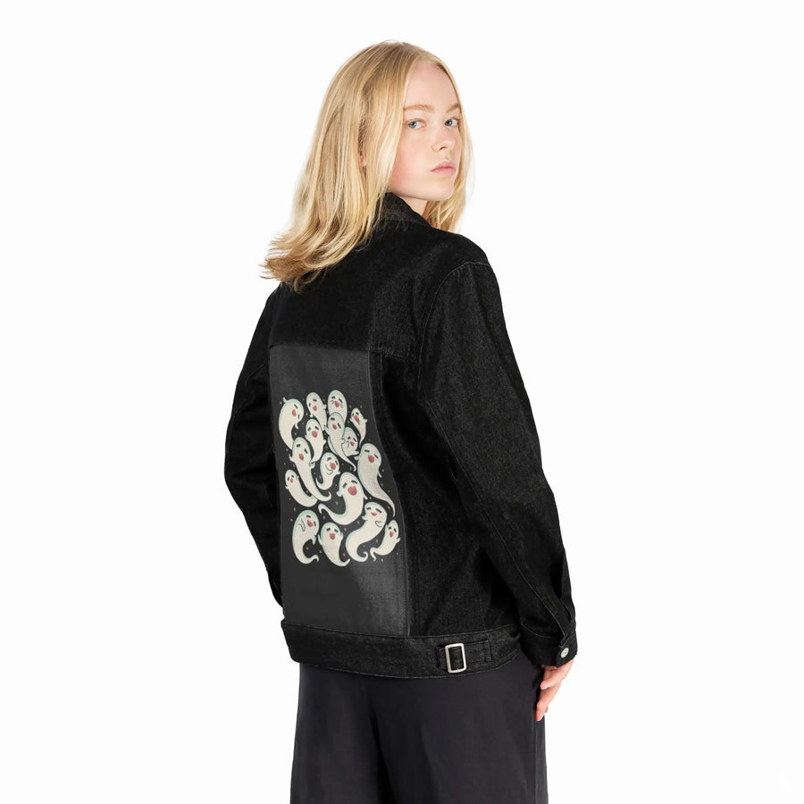 ghostlysquad patch on female og denim jacket in raven