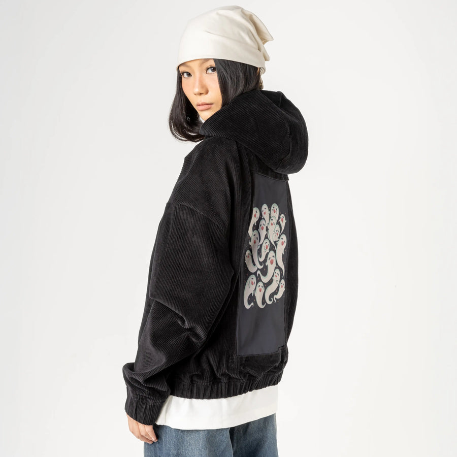 ghostlysquad patch on female retro cord hoodie in onyx