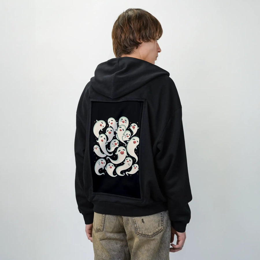 ghostlysquad patch on male essential zip hoodie in after hours