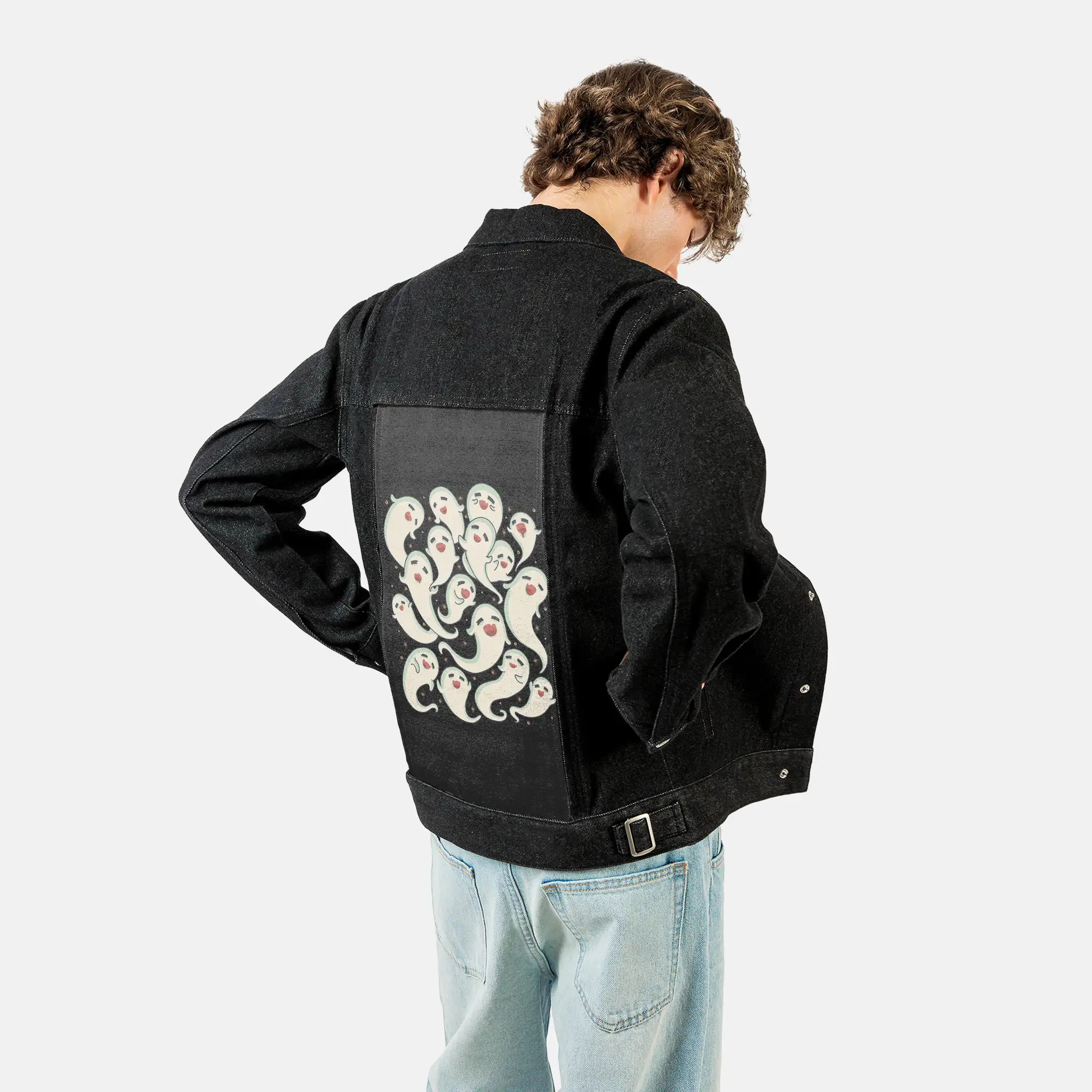 ghostlysquad patch on male og denim jacket in raven