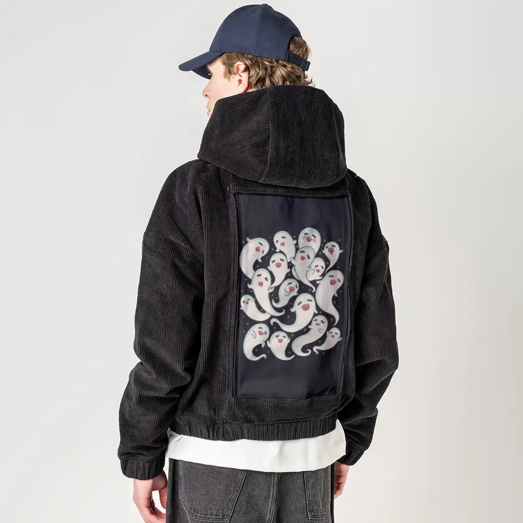 ghostlysquad patch on male retro cord hoodie in onyx