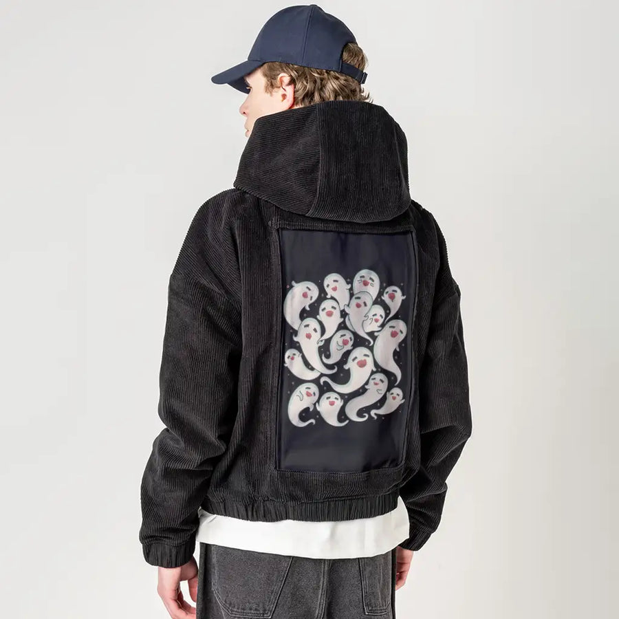 ghostlysquad patch on male retro cord hoodie in onyx