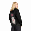 ghostsagainst patch on female og denim jacket in raven