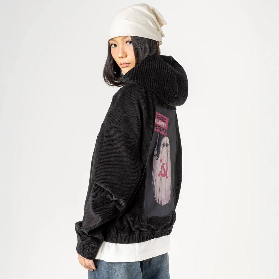 ghostsagainst patch on female retro cord hoodie in onyx