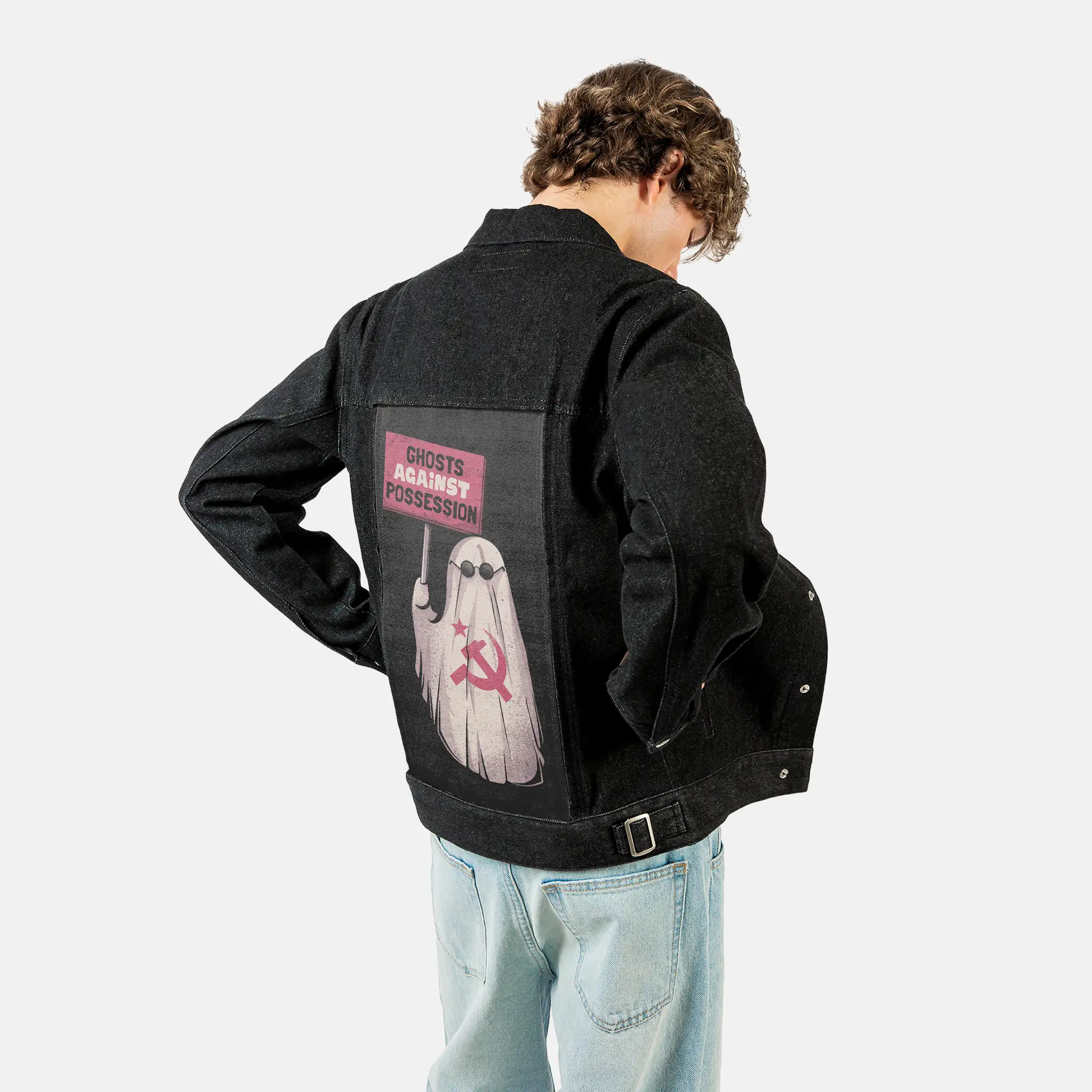 ghostsagainst patch on male og denim jacket in raven