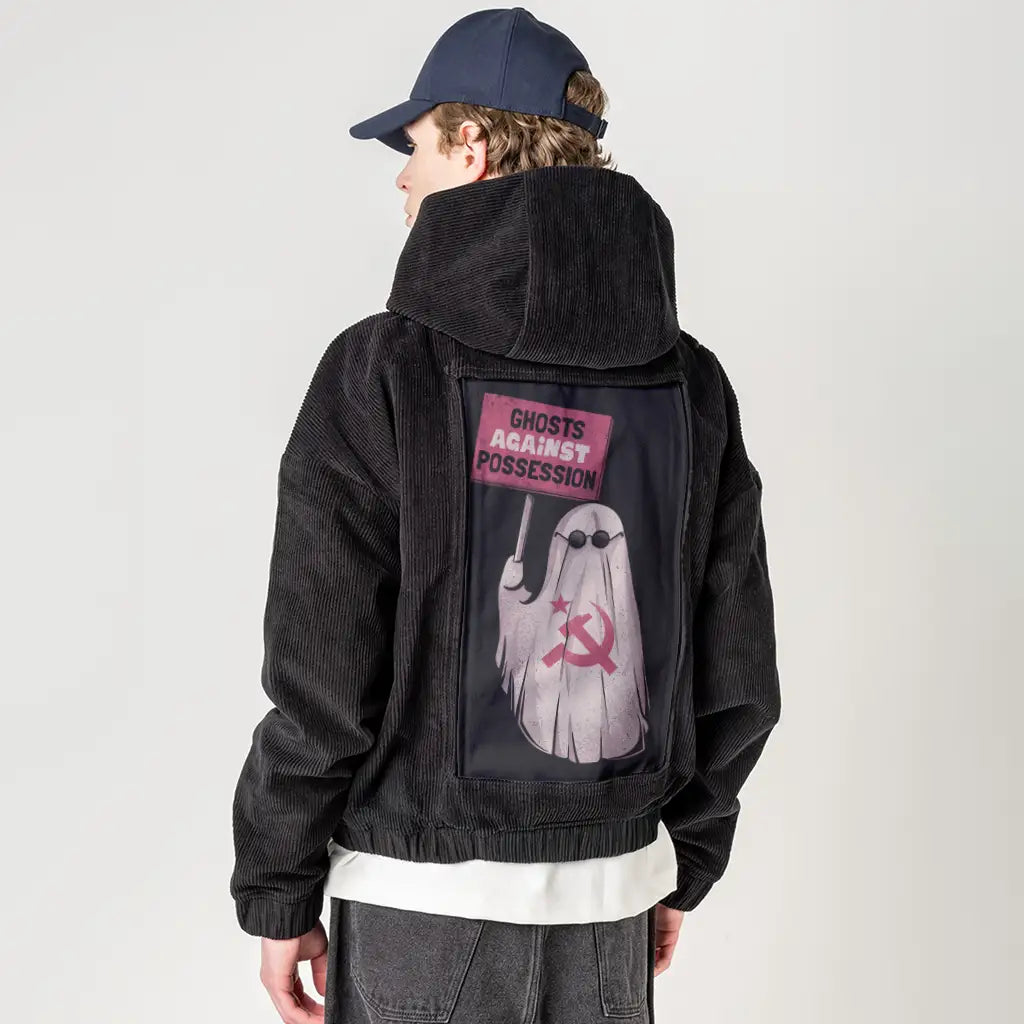 ghostsagainst patch on male retro cord hoodie in onyx