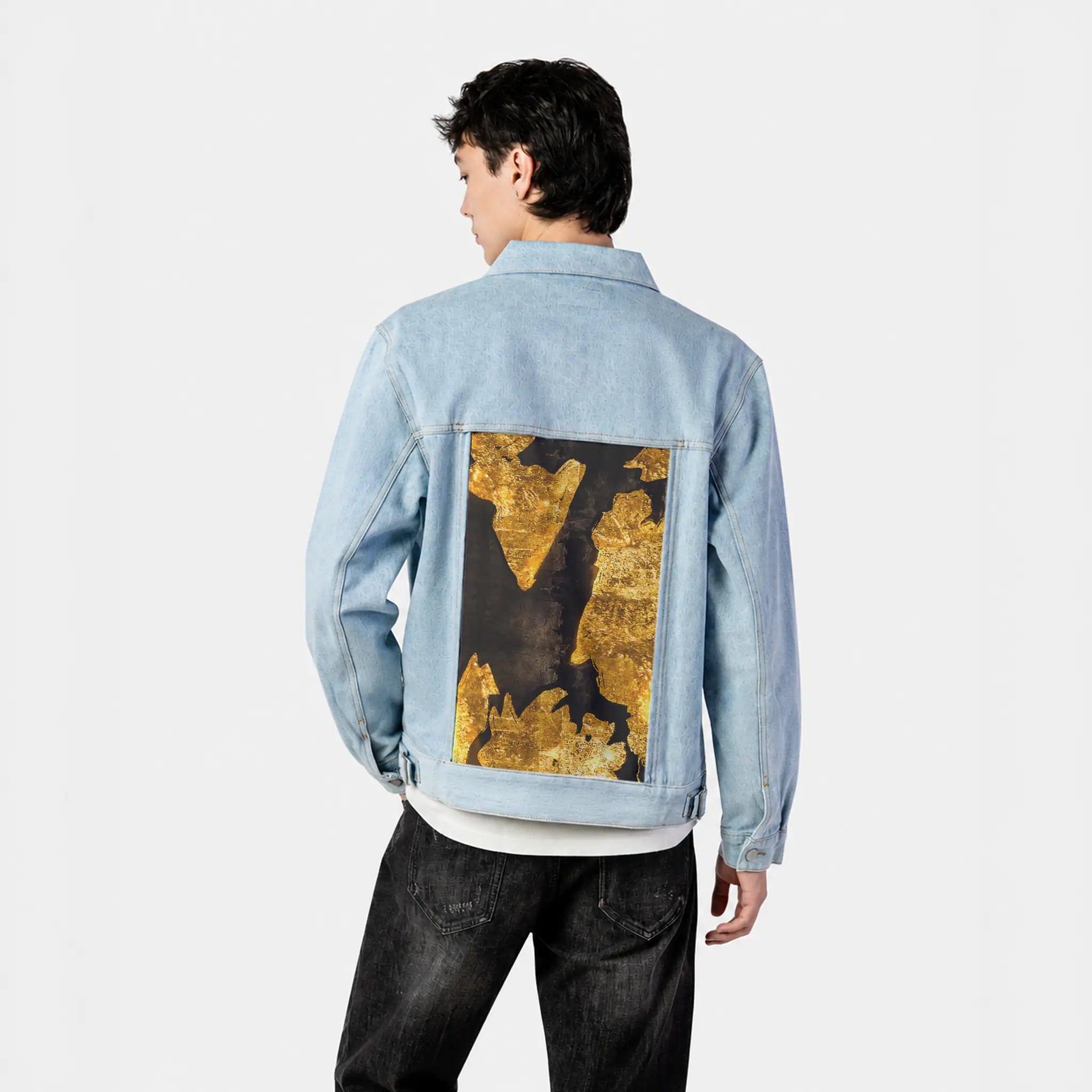 gildedfragments patch on male og denim jacket in oceanside