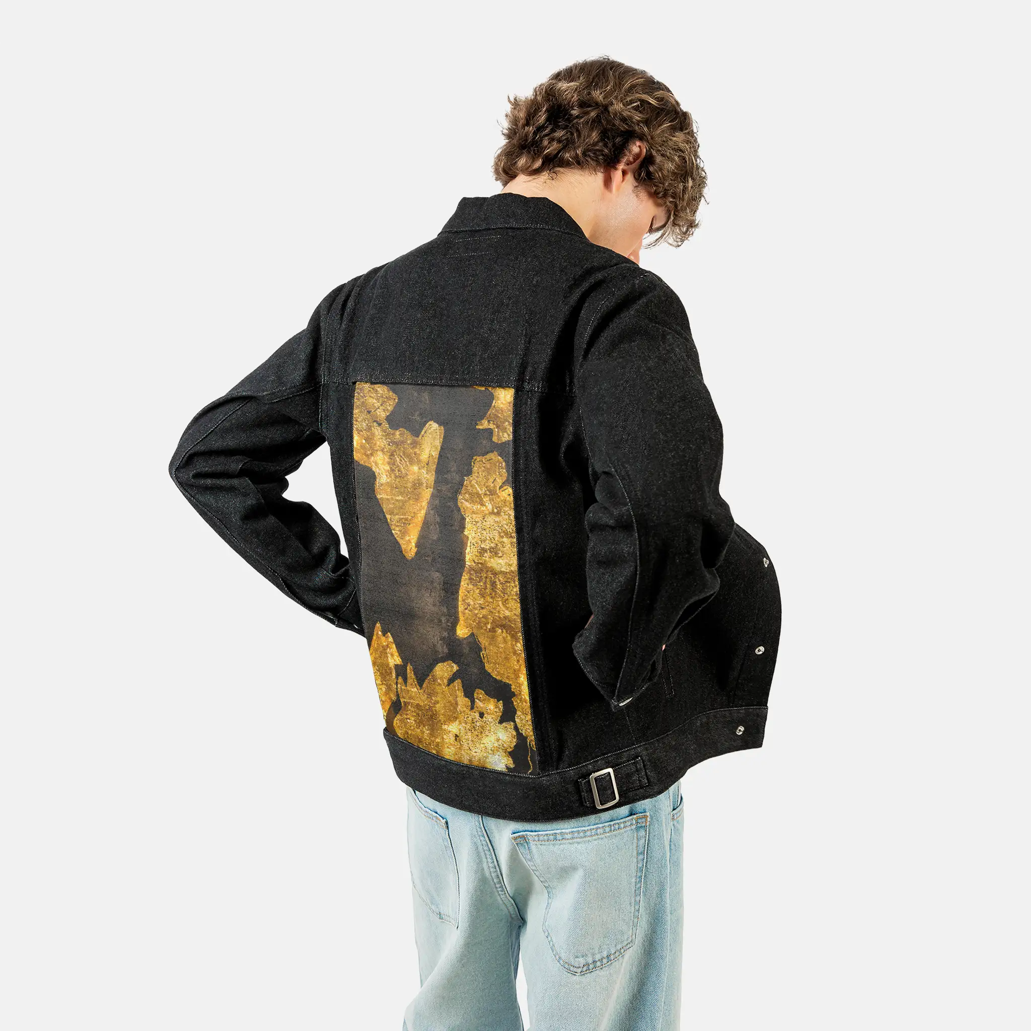 gildedfragments patch on male og denim jacket in raven