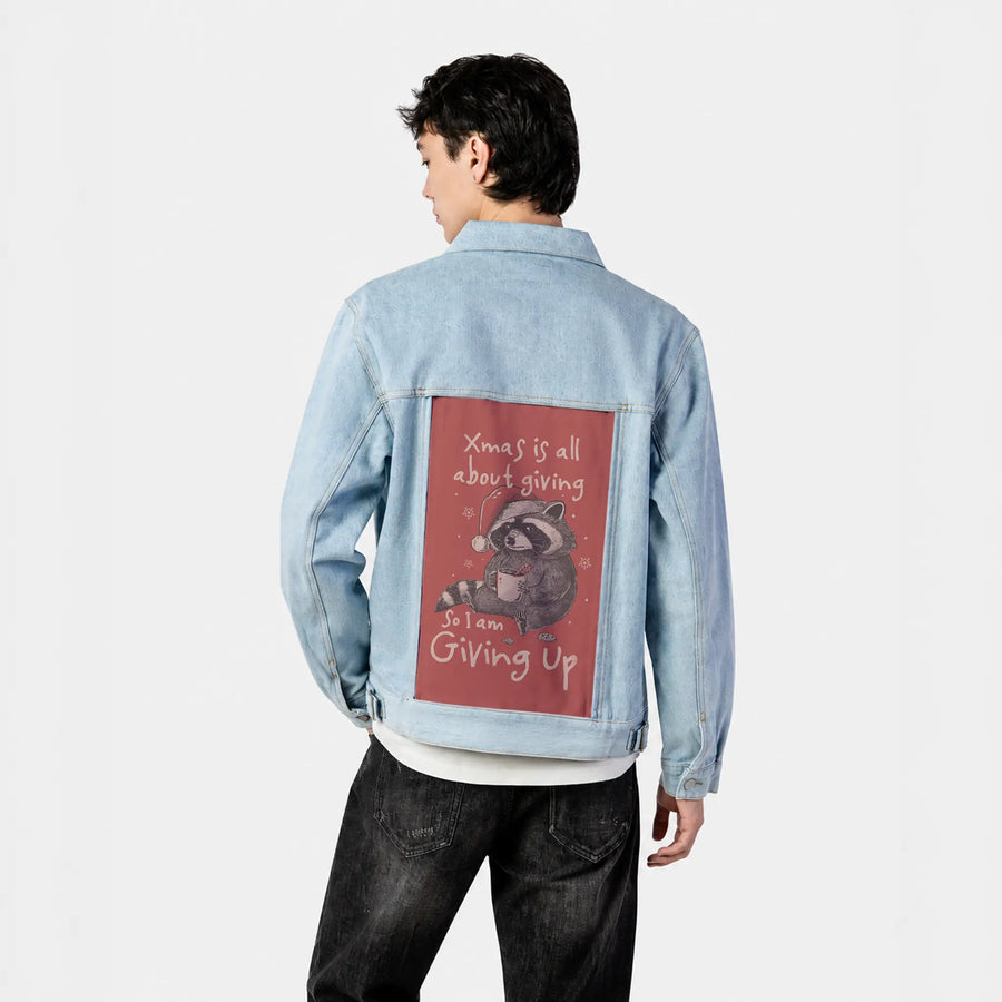 givingupchristmas patch on male og denim jacket in oceanside
