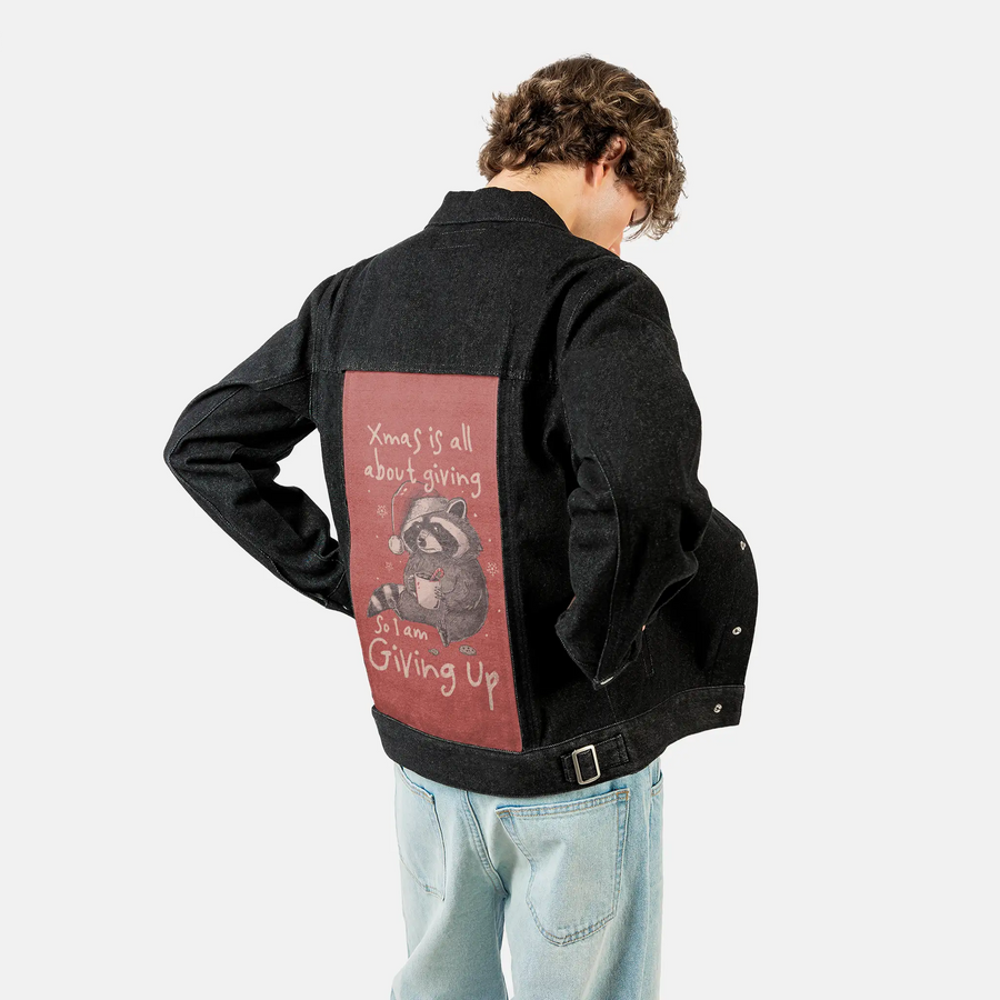 givingupchristmas patch on male og denim jacket in raven