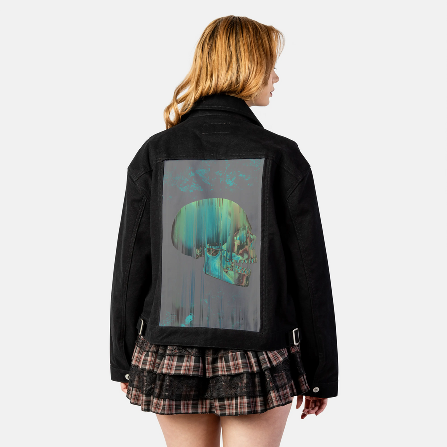 glitchskull patch on female atelier canvas jacket in nightfall