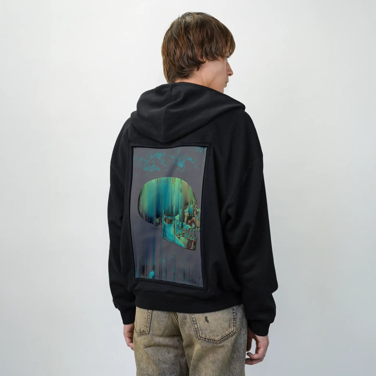 glitchskull patch on male essential zip hoodie in after hours