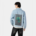 glitchskull patch on male og denim jacket in oceanside