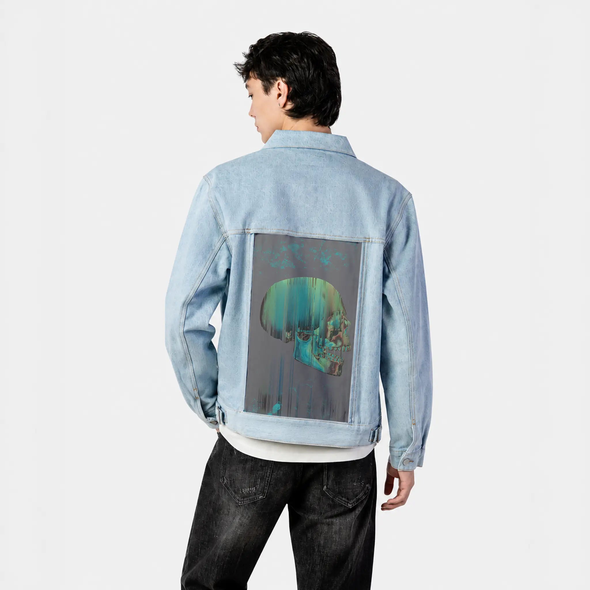 glitchskull patch on male og denim jacket in oceanside