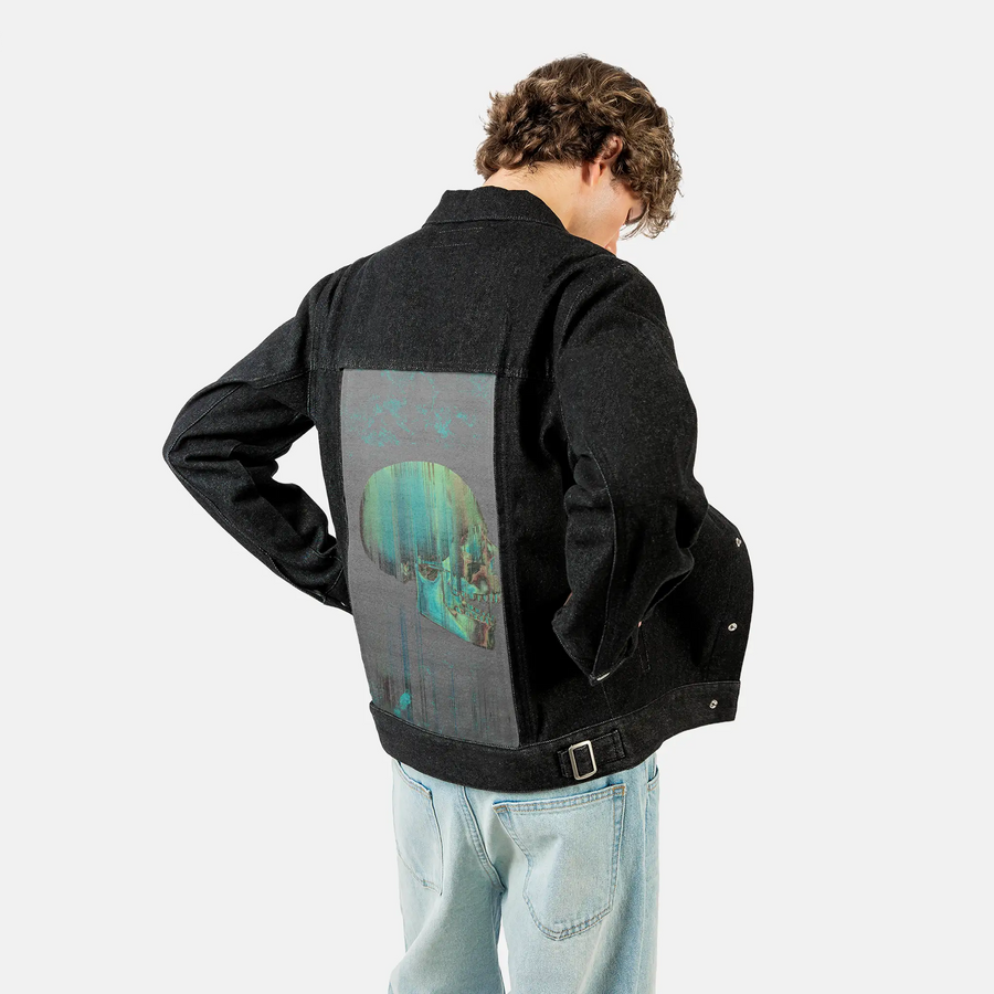 glitchskull patch on male og denim jacket in raven