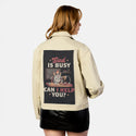 godisbusy patch on female atelier canvas jacket in tan