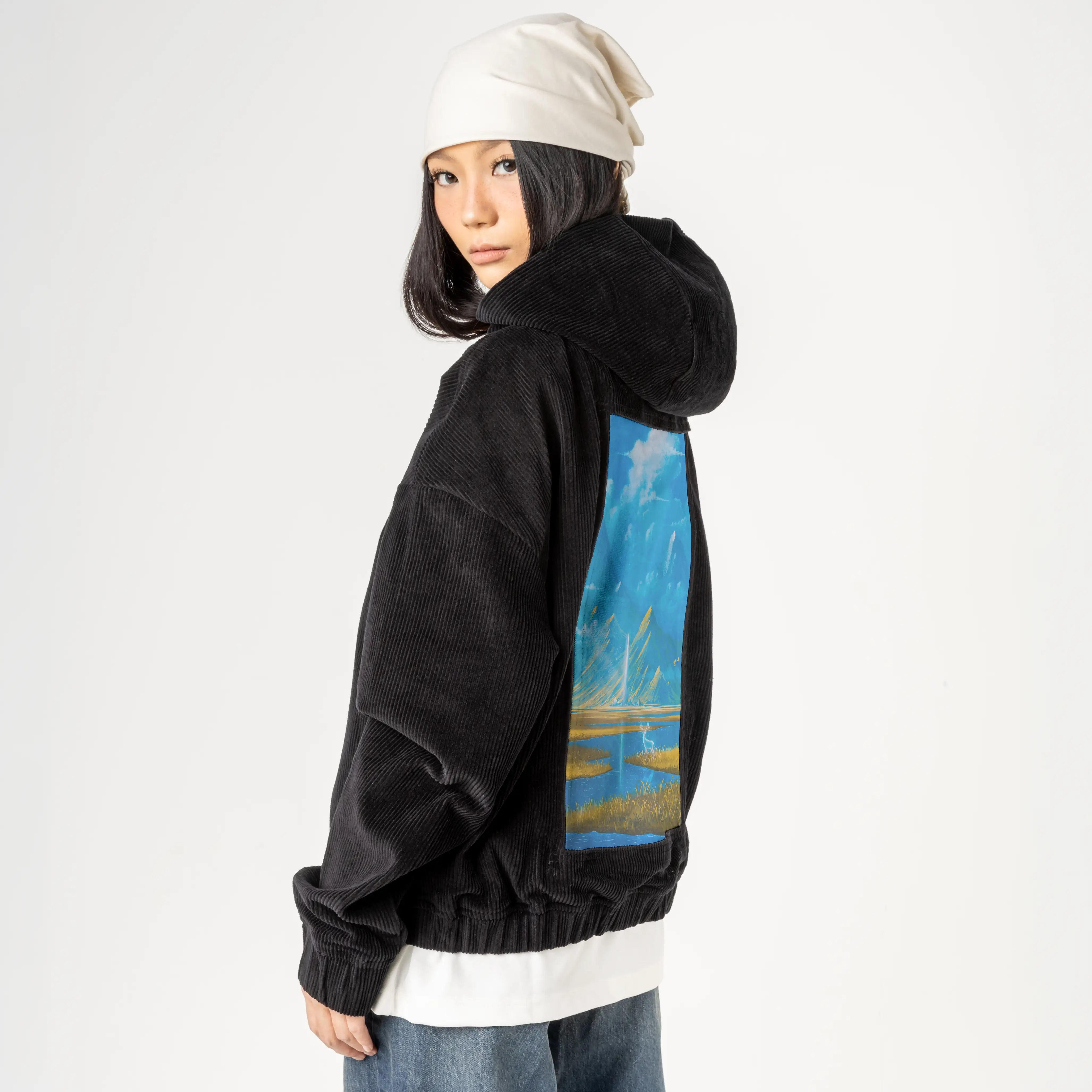 goldfieldsspirit patch on female retro cord hoodie in onyx