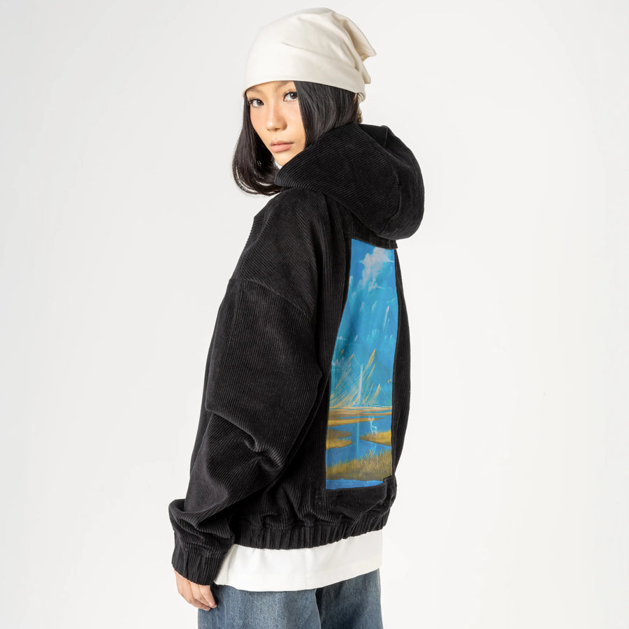 goldfieldsspirit patch on female retro cord hoodie in onyx