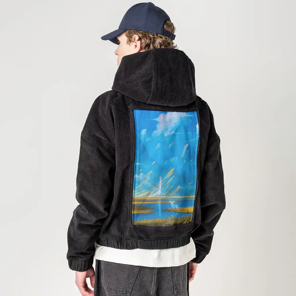 goldfieldsspirit patch on male retro cord hoodie in onyx