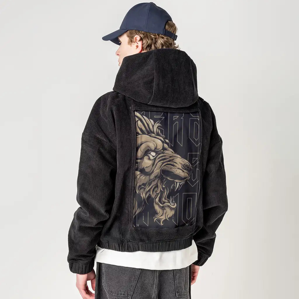 goldnoirroar patch on male retro cord hoodie in onyx