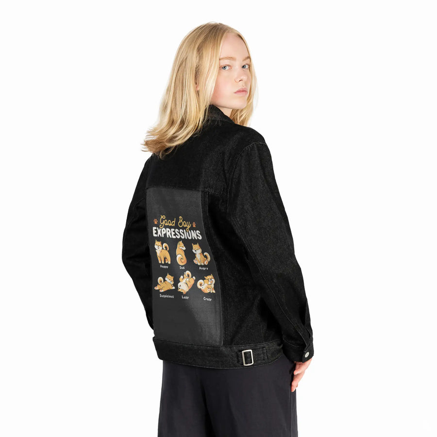 goodboyexpressions patch on female og denim jacket in raven