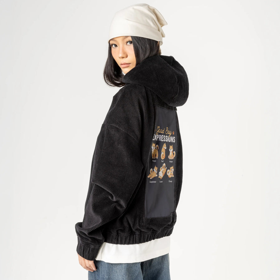 goodboyexpressions patch on female retro cord hoodie in onyx