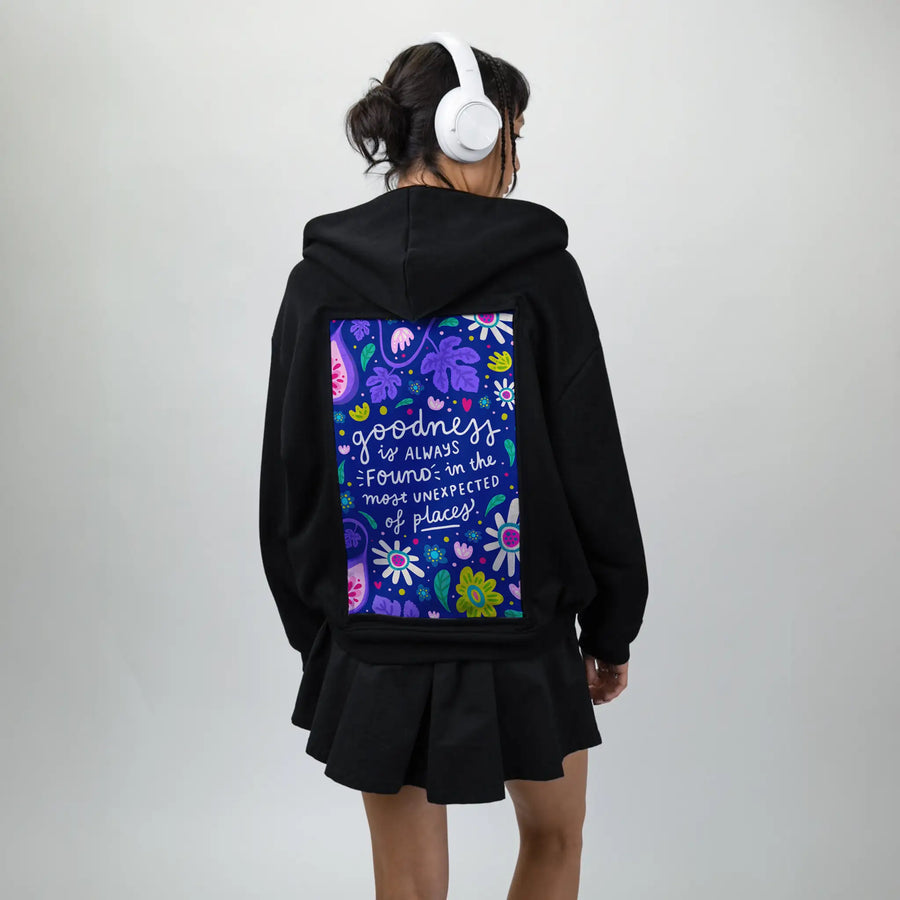 goodness patch on female essential zip hoodie in after hours