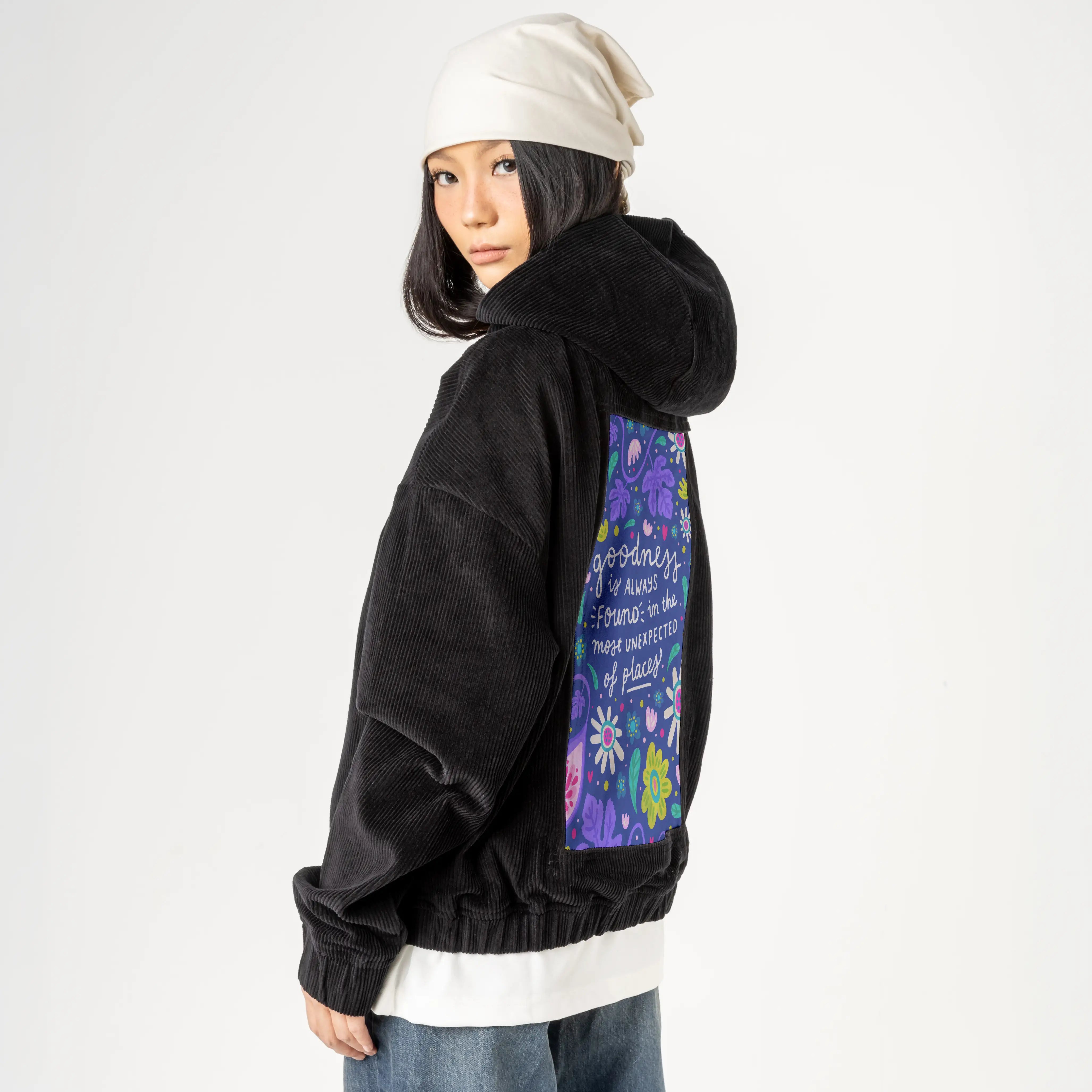 goodness patch on female retro cord hoodie in onyx