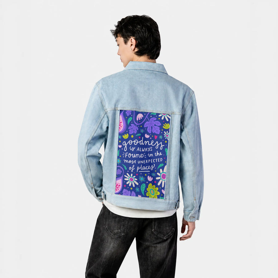 goodness patch on male og denim jacket in oceanside