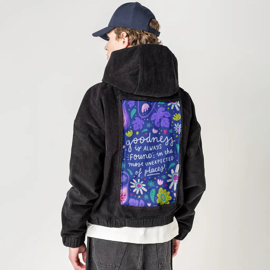 goodness patch on male retro cord hoodie in onyx