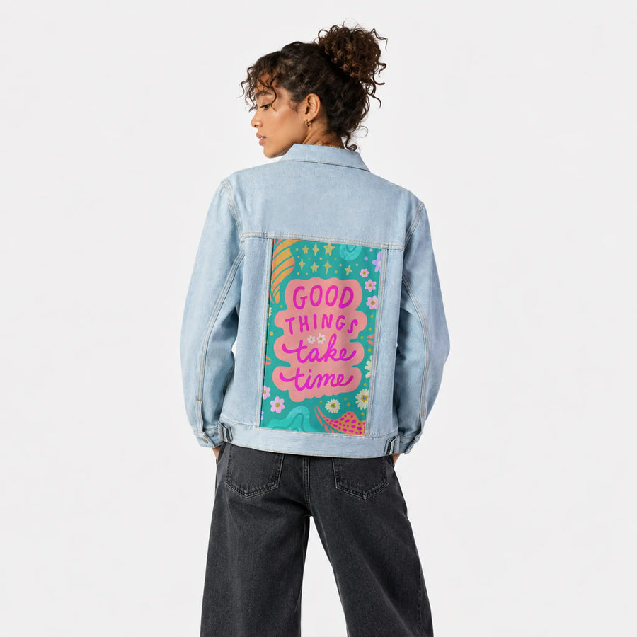 goodthings patch on female og denim jacket in oceanside