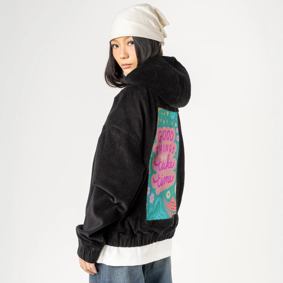 goodthings patch on female retro cord hoodie in onyx