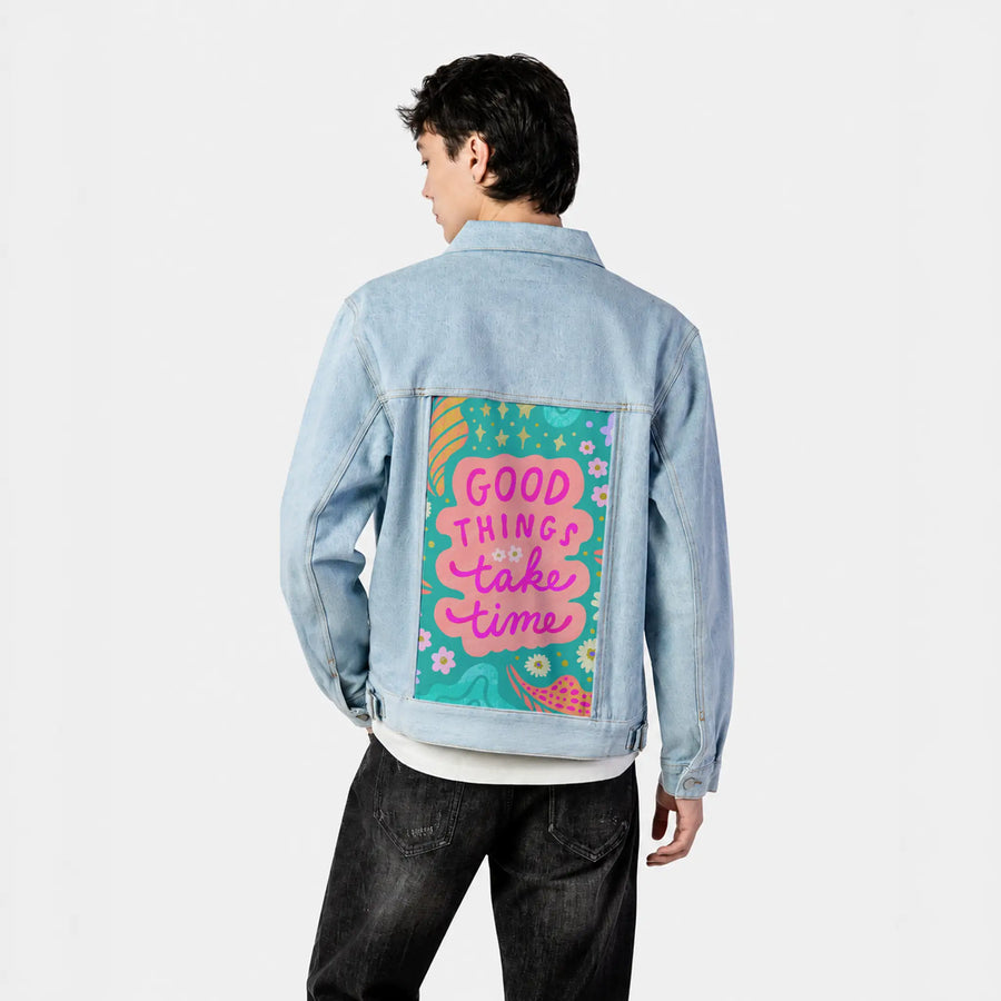 goodthings patch on male og denim jacket in oceanside