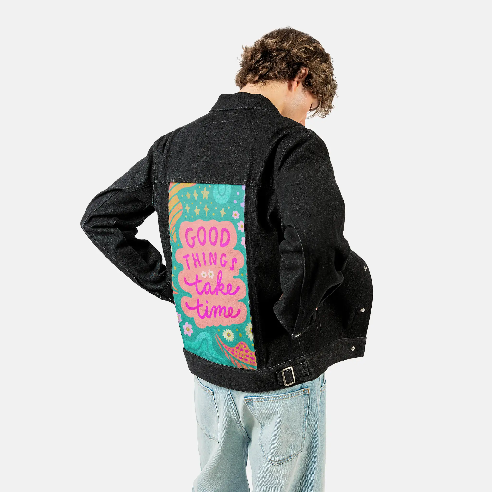 goodthings patch on male og denim jacket in raven