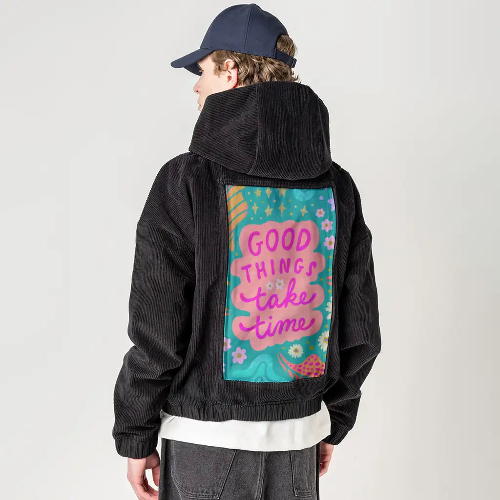 goodthings patch on male retro cord hoodie in onyx