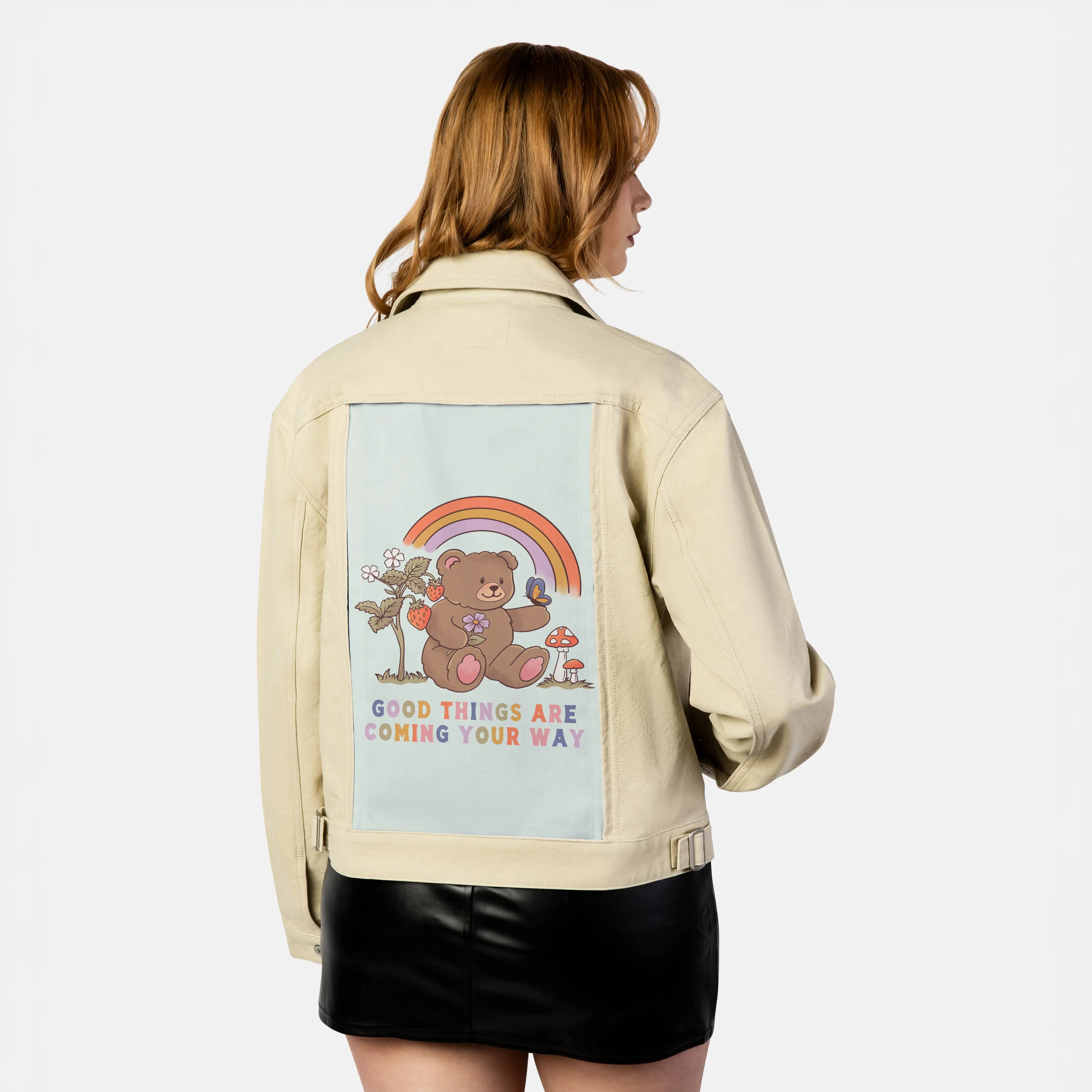 goodthingscoming patch on female atelier canvas jacket in tan
