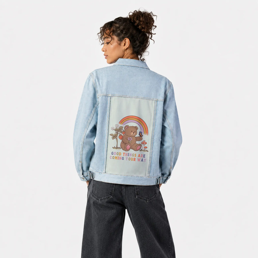 goodthingscoming patch on female og denim jacket in oceanside