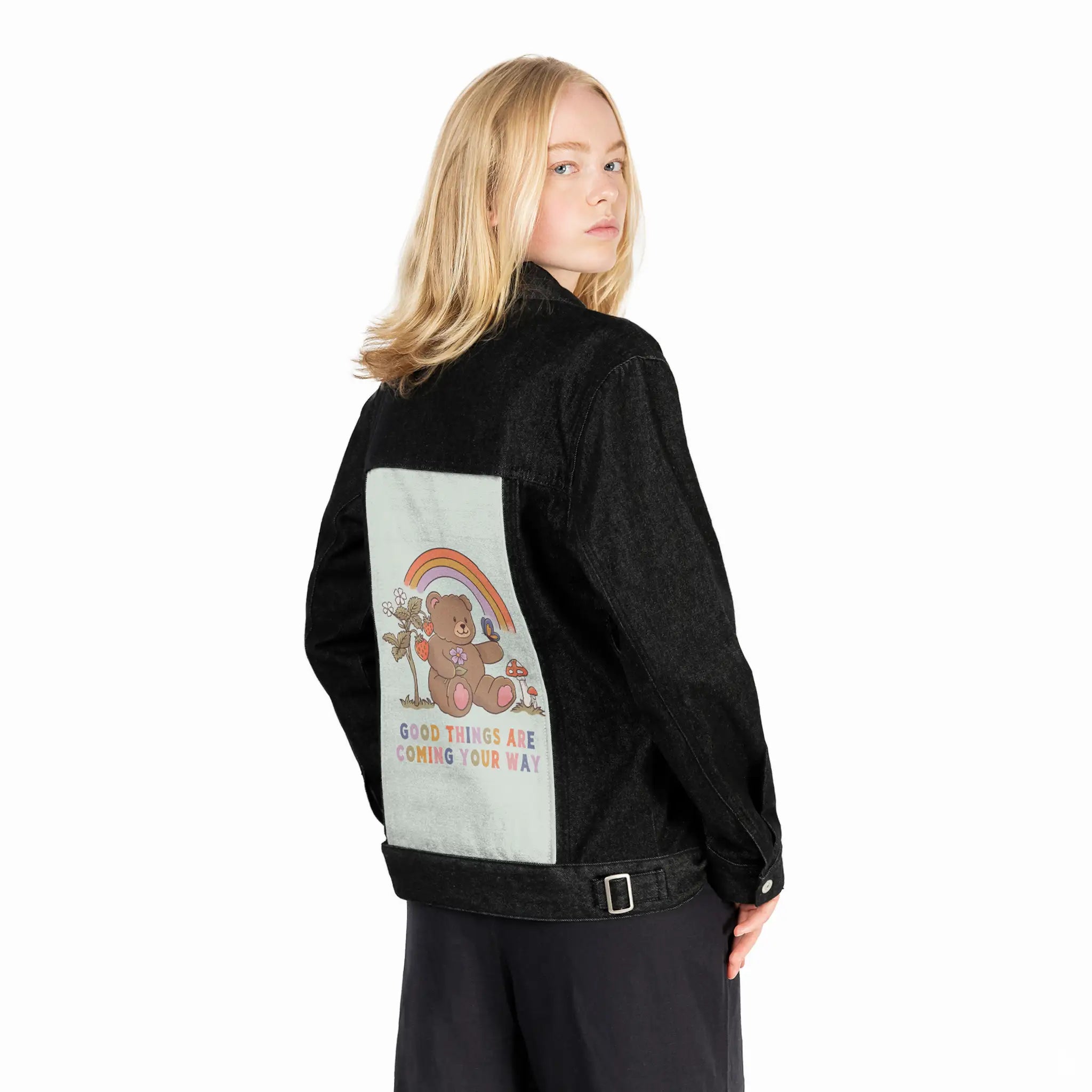 goodthingscoming patch on female og denim jacket in raven