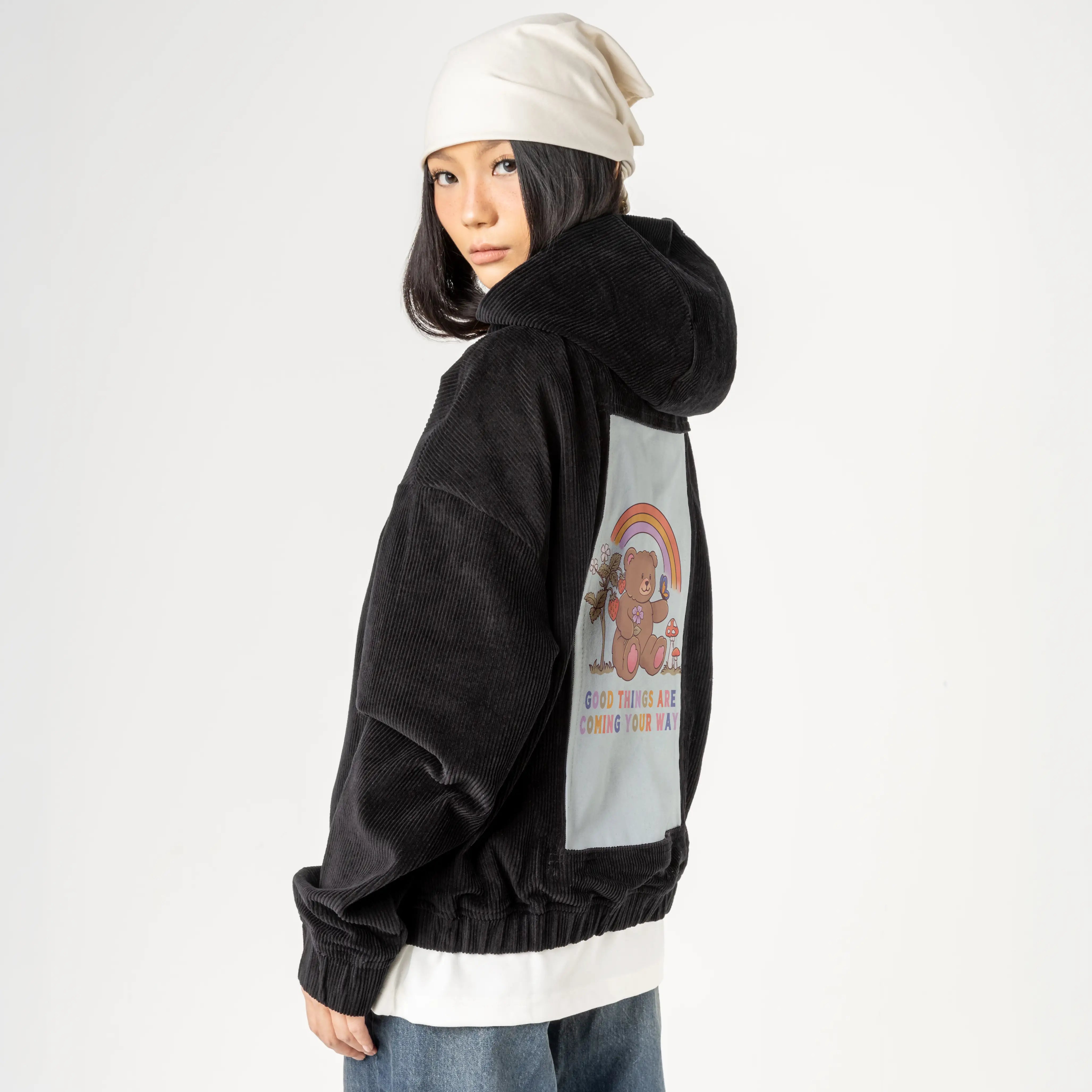 goodthingscoming patch on female retro cord hoodie in onyx