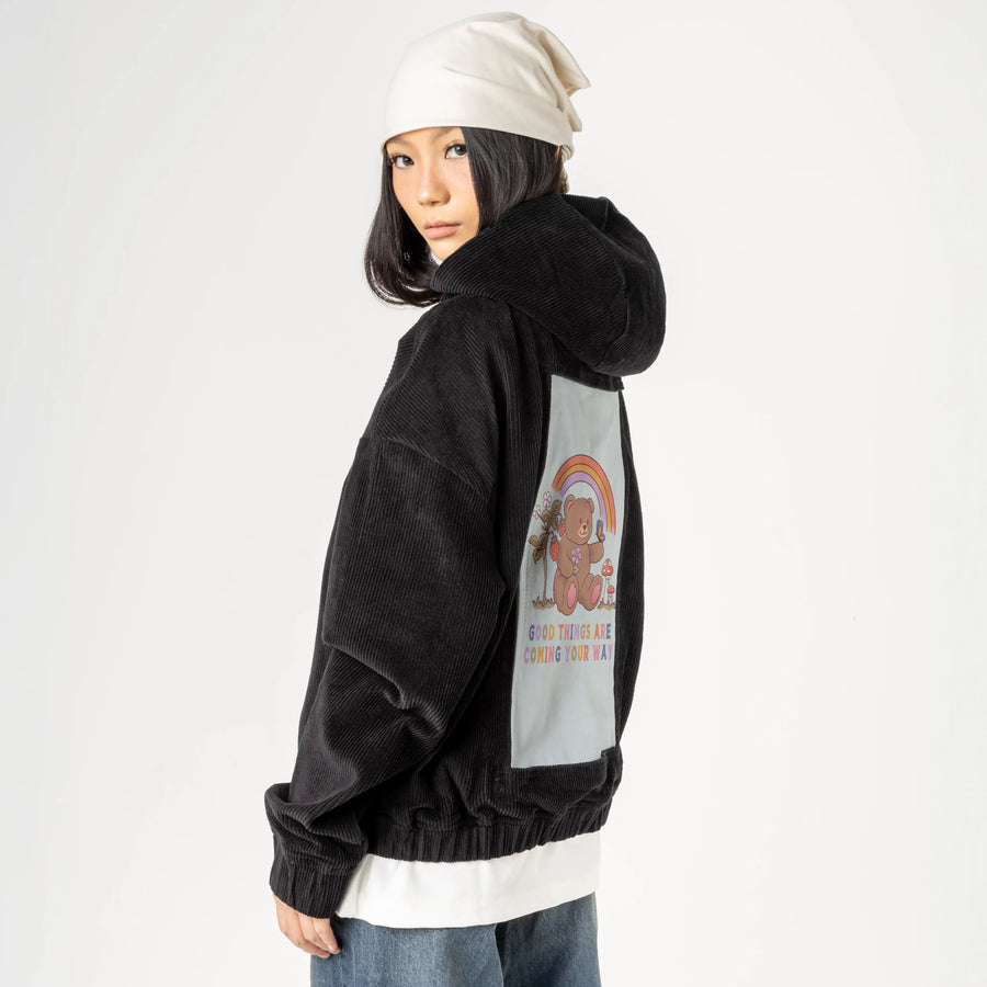 goodthingscoming patch on female retro cord hoodie in onyx