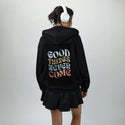 goodthingsnevercome patch on female essential zip hoodie in after hours