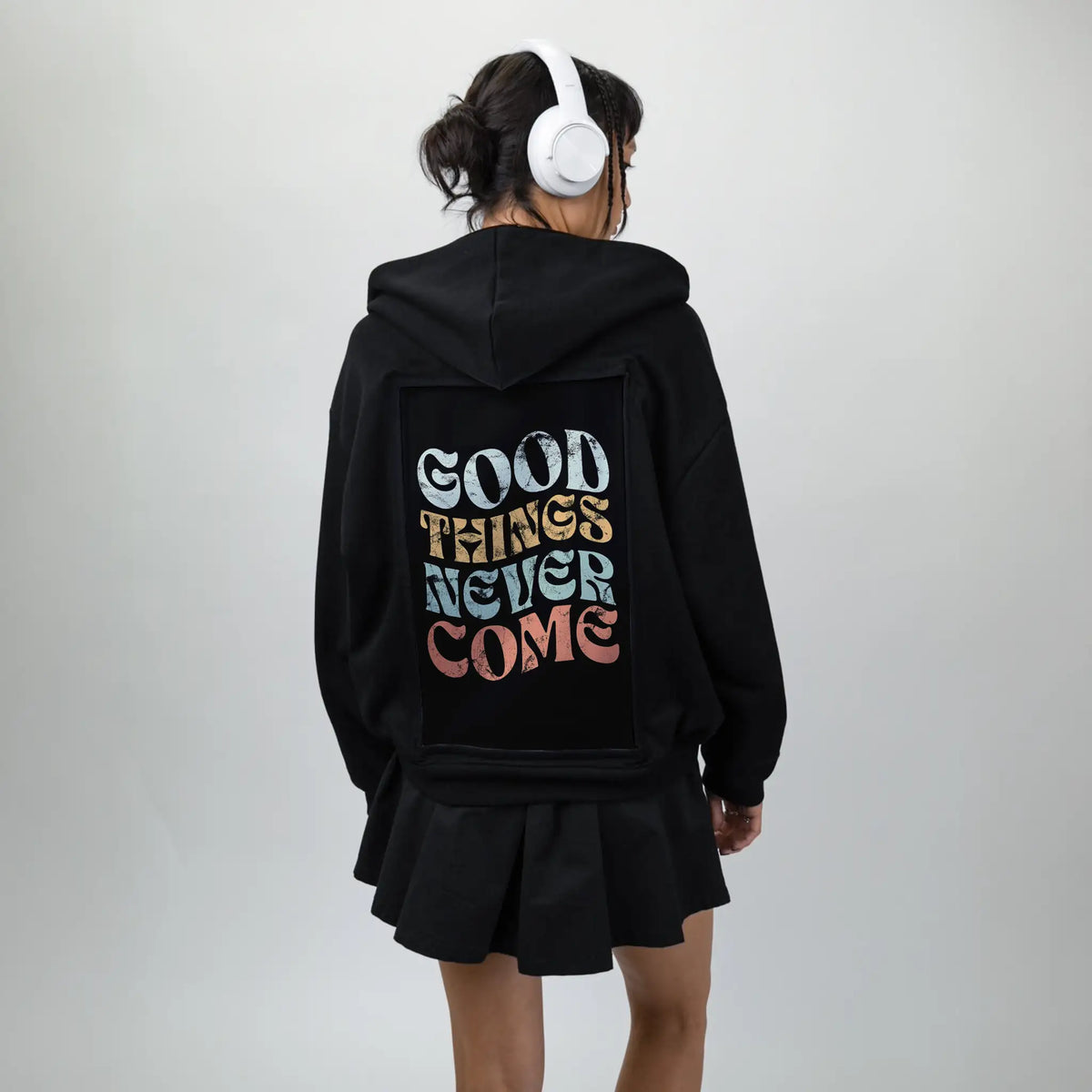 goodthingsnevercome patch on female essential zip hoodie in after hours